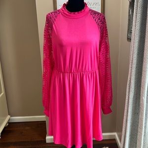 Hot pink boutique dress, long lace sleeves, size large, runs small. Never worn.